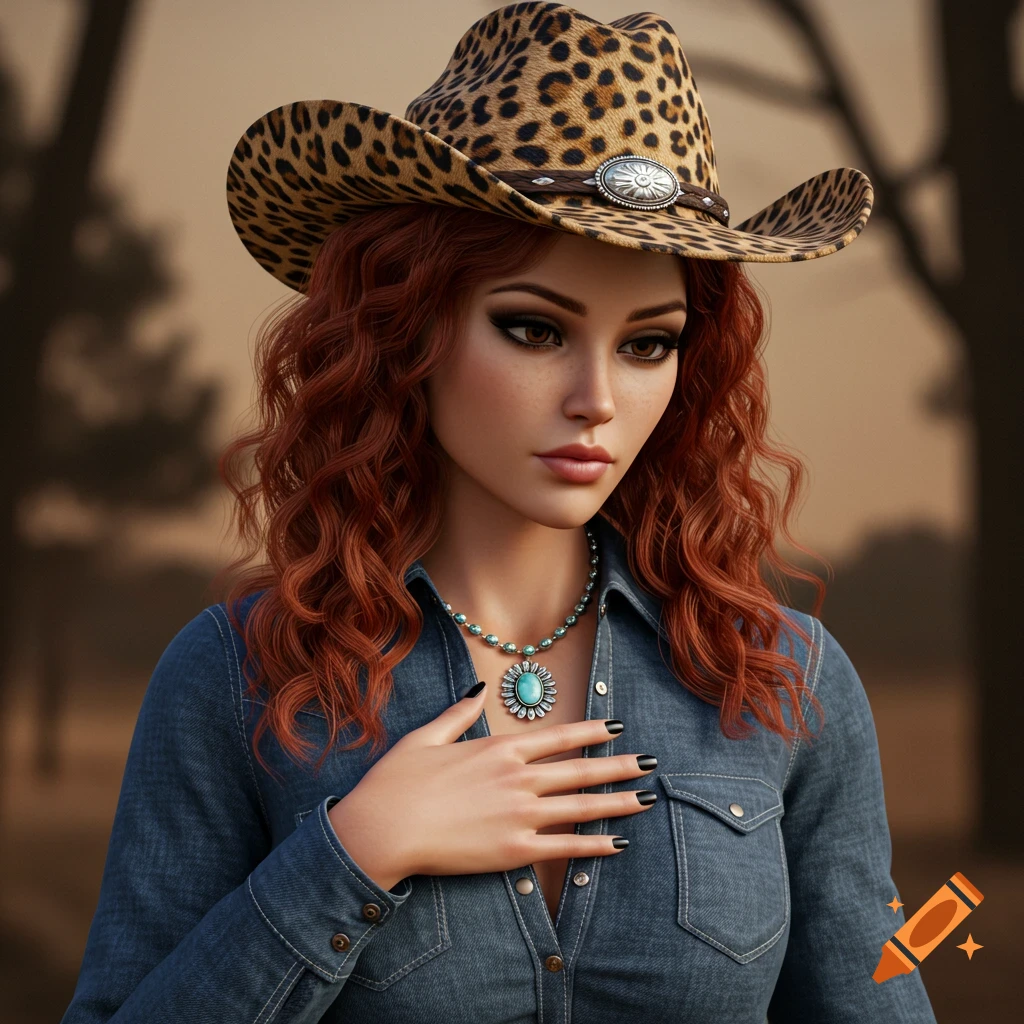A cowgirl in a leopard print hat and denim shirt holds her hand to her chest.