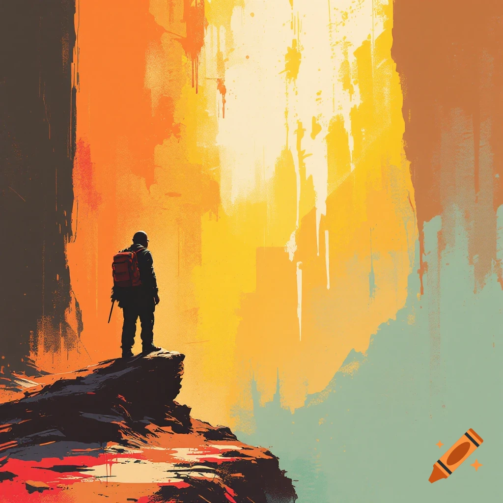 A lone figure stands on a rock outcrop overlooking an abstract, colorful landscape painted in oranges, yellows, and greens.