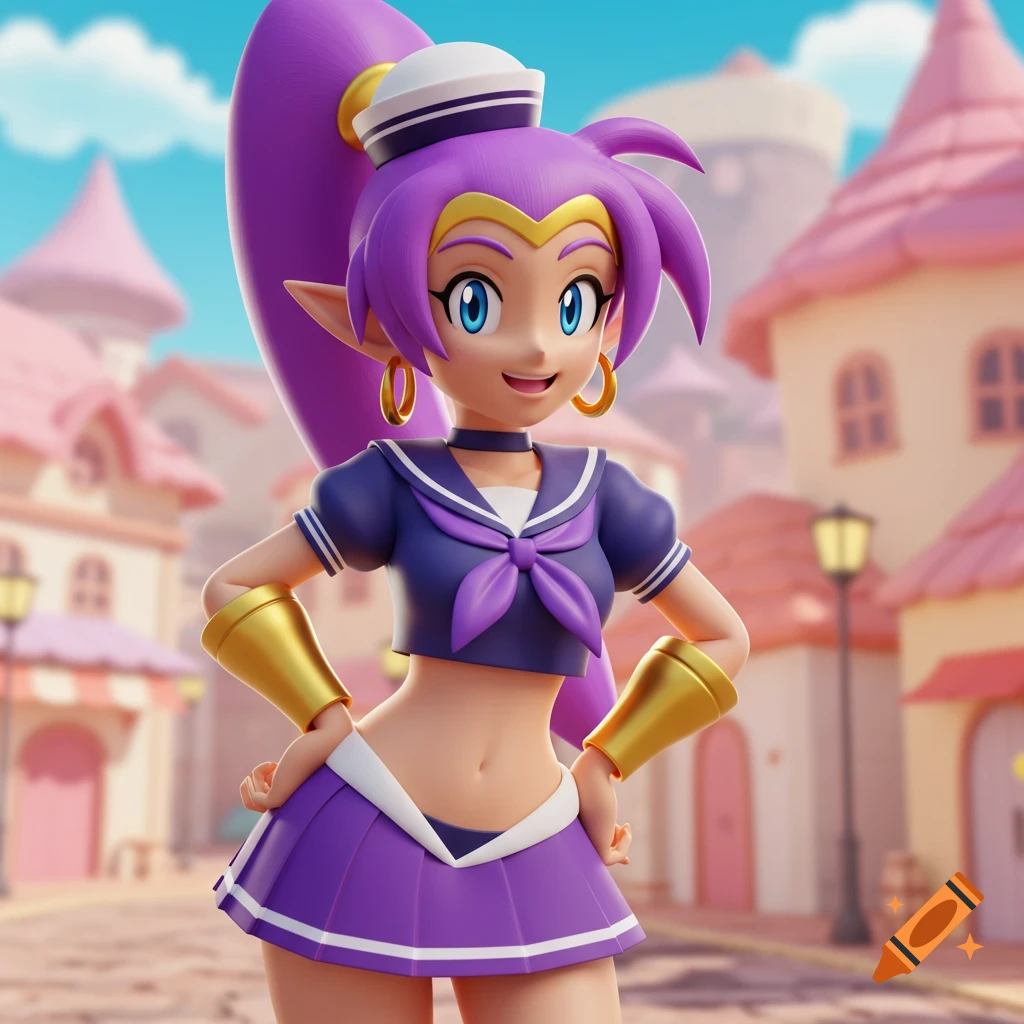 3D rendering of Shantae wearing a sailor outfit in a street.