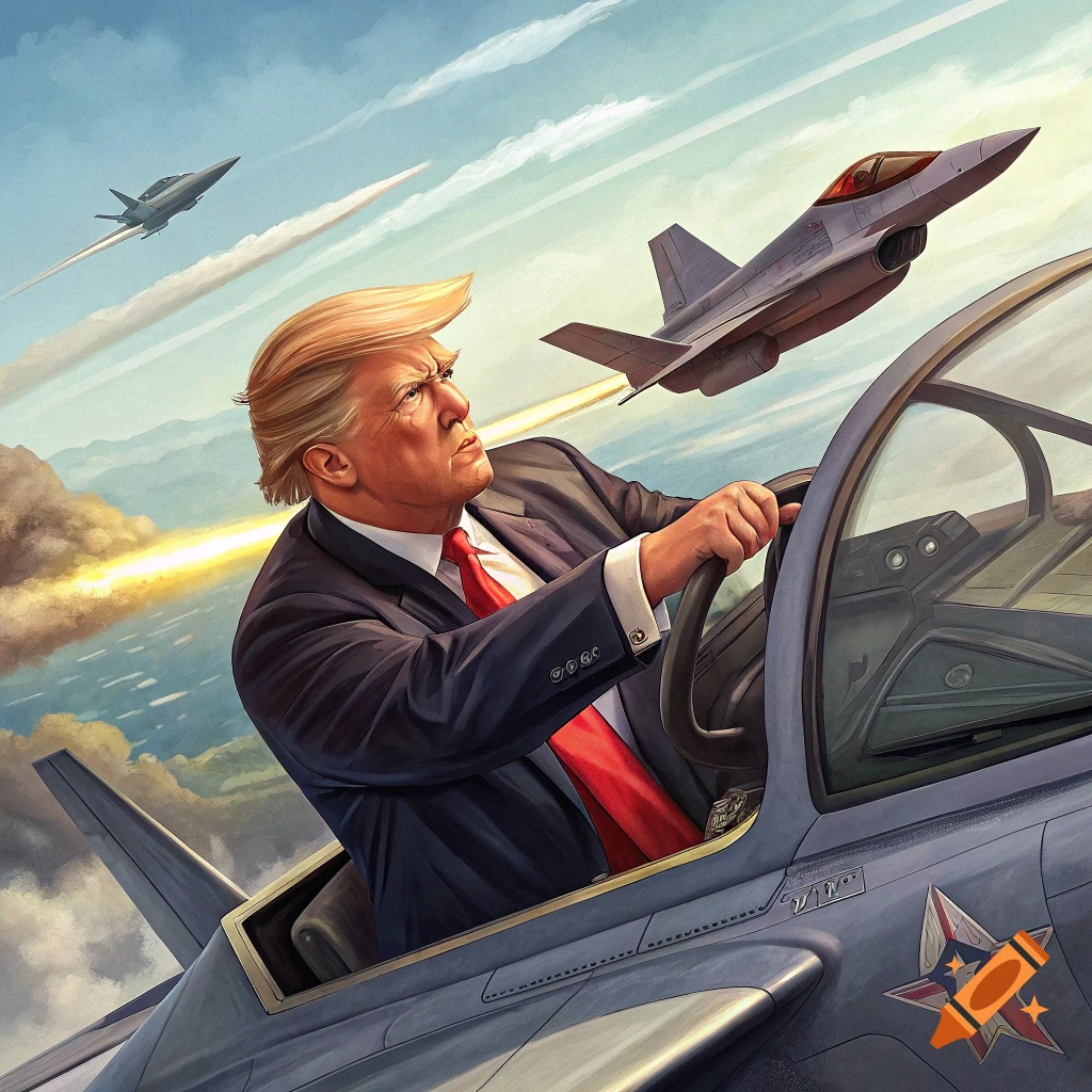 Illustration of Donald Trump in a suit flying a fighter jet firing a missile, with other jets nearby.