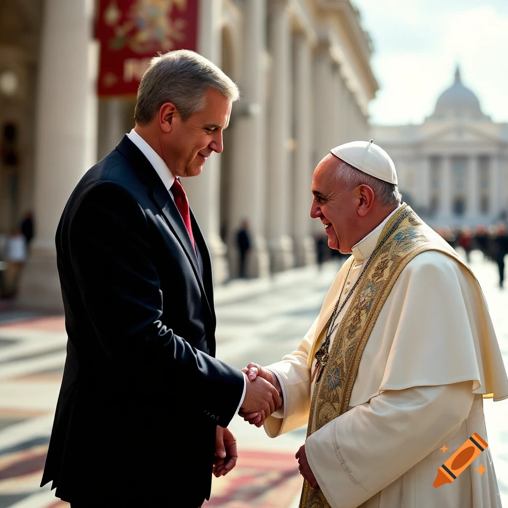 A man in a dark suit shakes hands with Pope Francis outside.