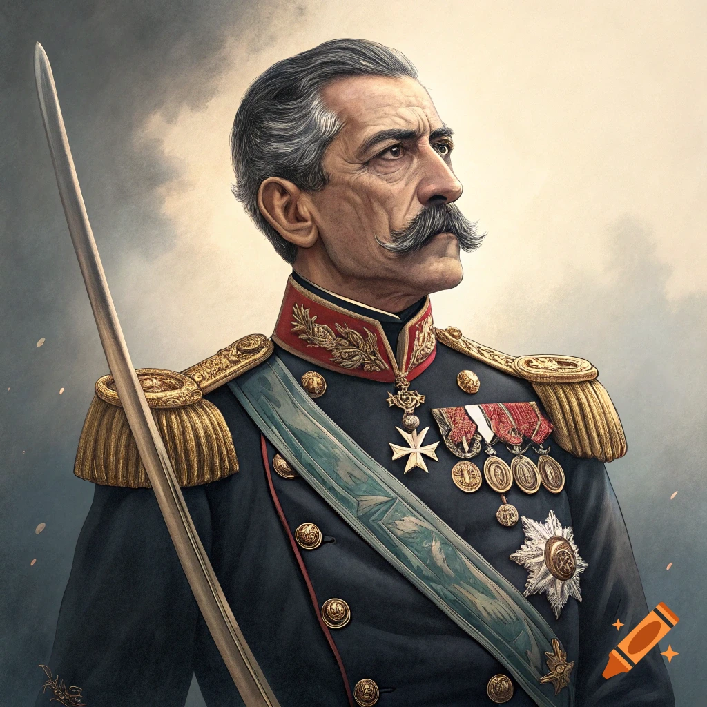 Painterly portrait of a man with a mustache in a detailed military uniform with medals, holding a sword.