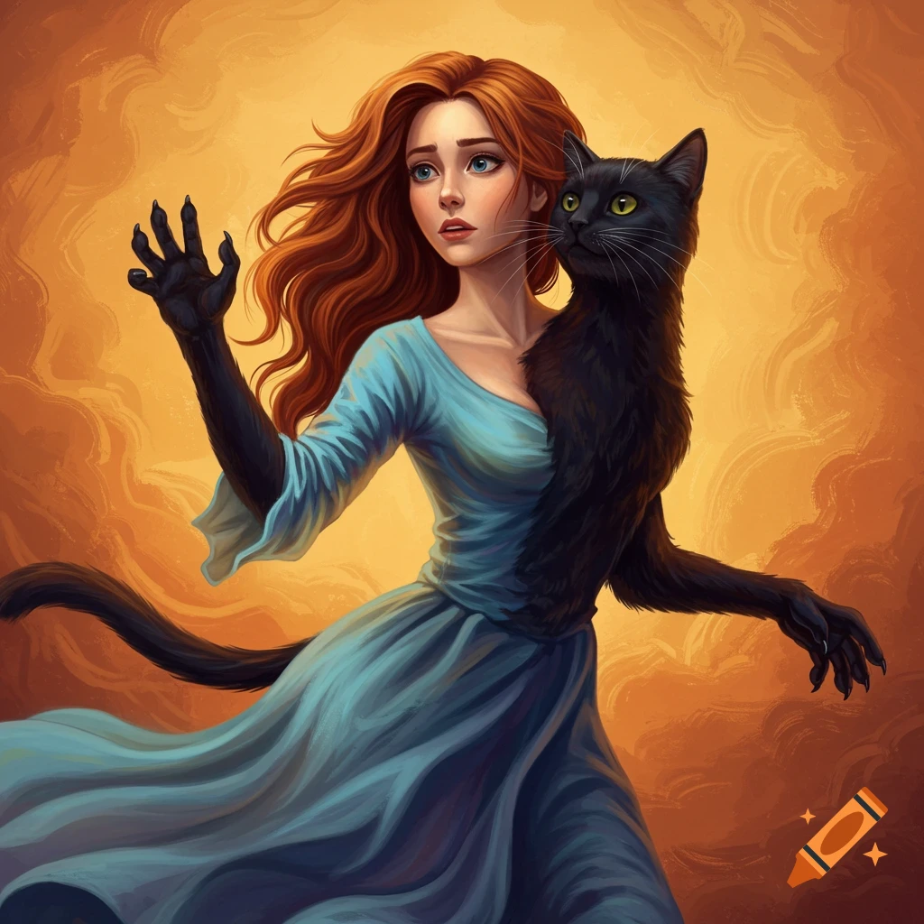 A woman is shown transforming into a black cat, set against a swirling orange background.