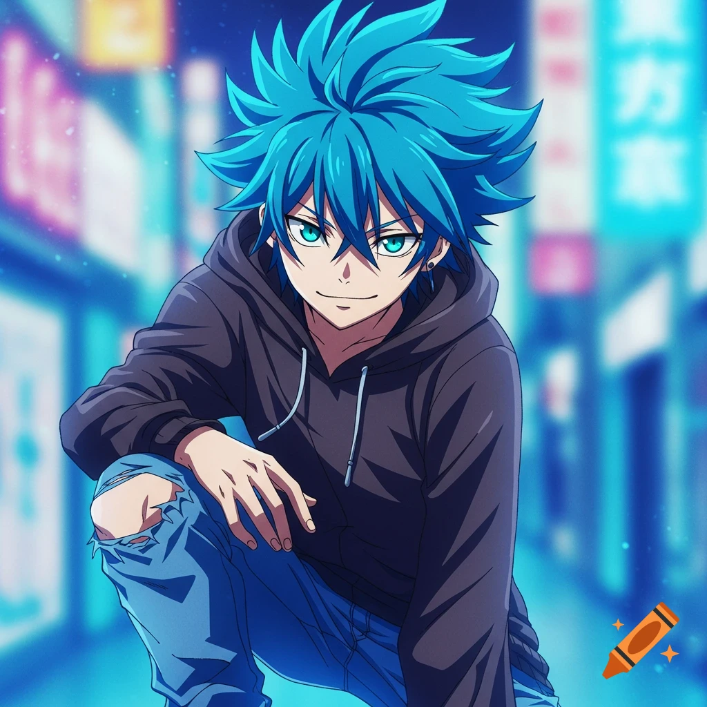 Anime boy with blue hair, wearing a black hoodie and ripped jeans, kneeling in a city street at night.