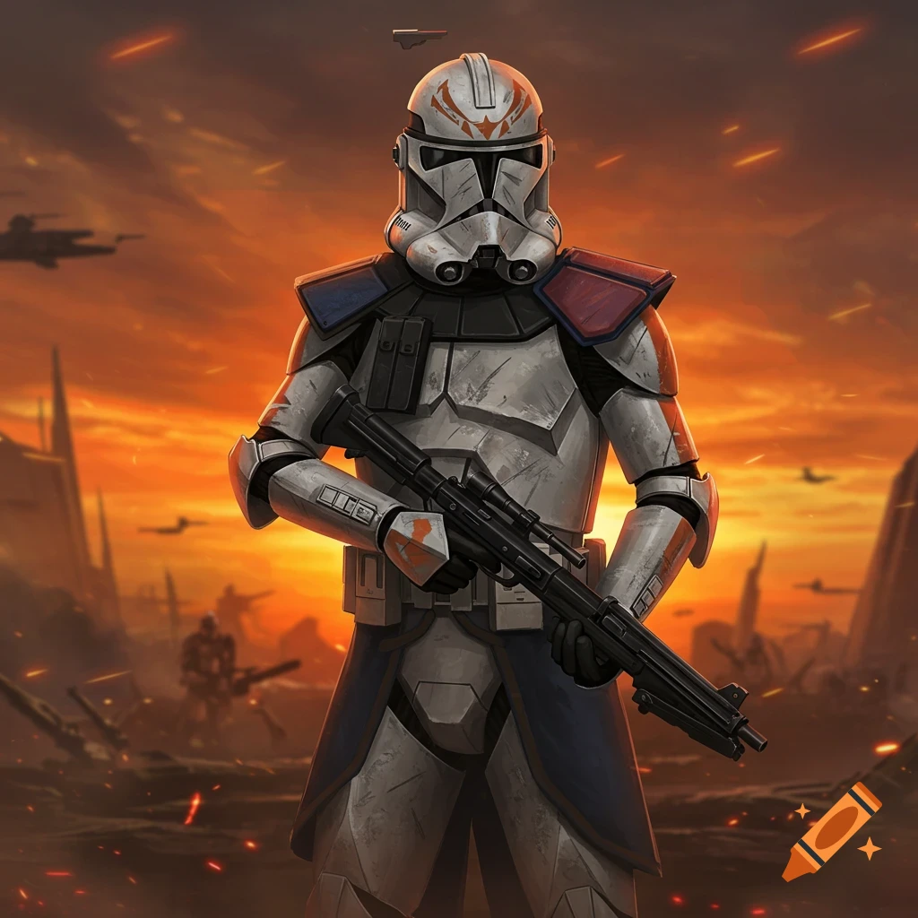 A Star Wars Clone Trooper stands in a ruined city under an orange sky during a space battle.