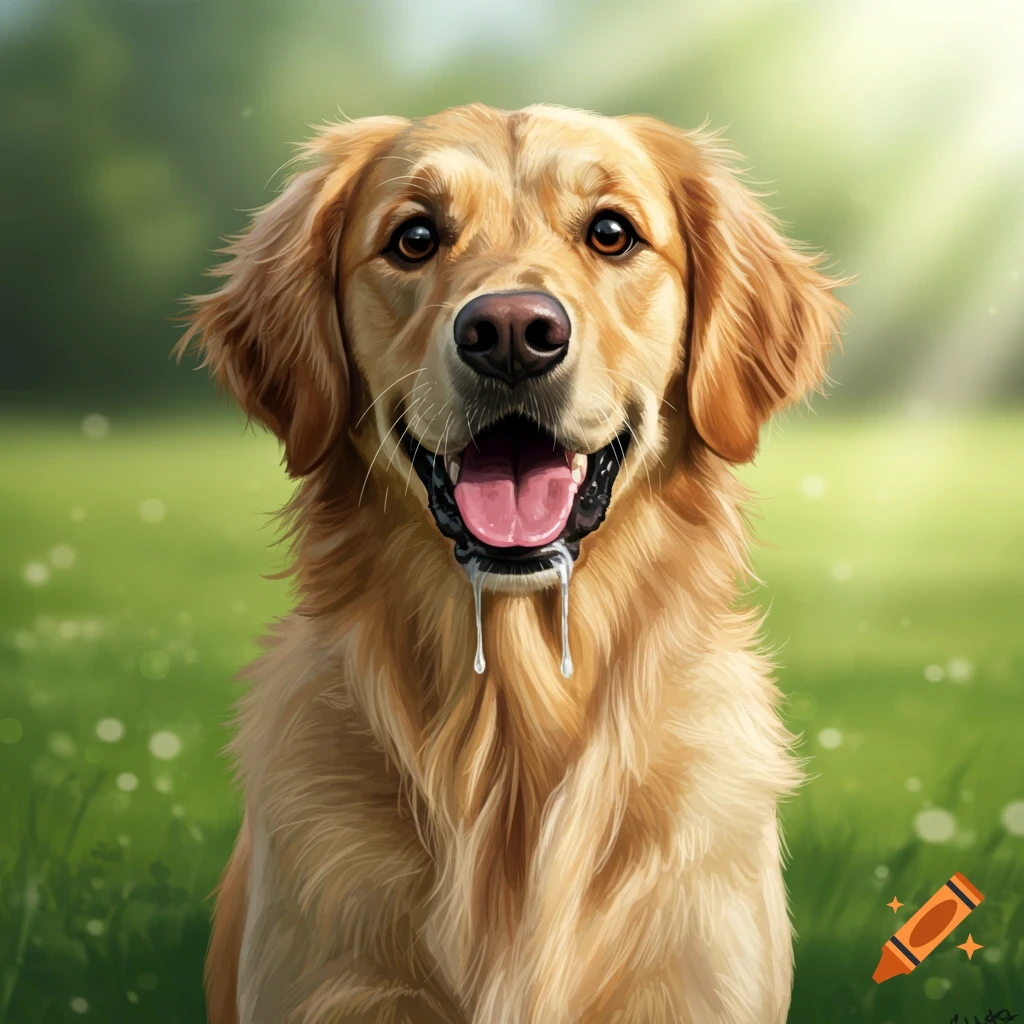 A golden retriever dog is panting in a park