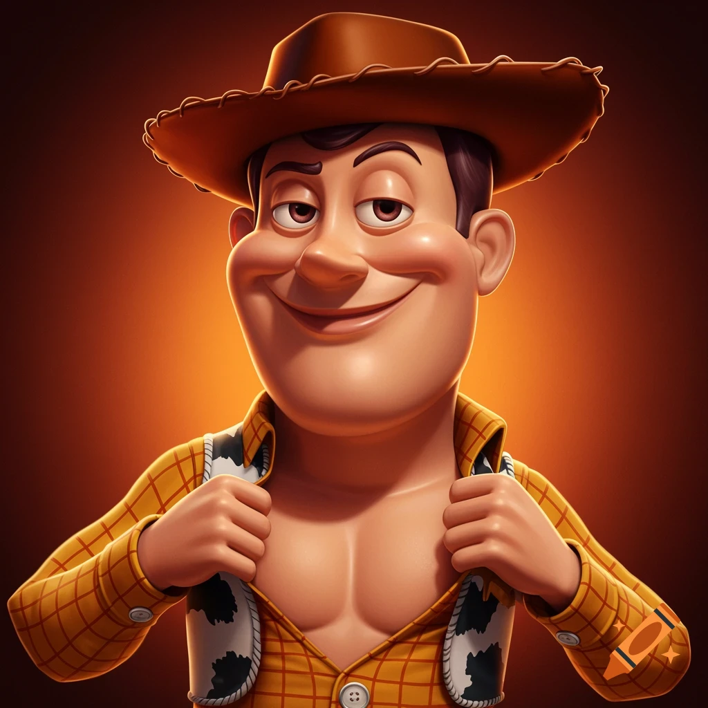 Cartoon character resembling Woody opening his shirt to show chest