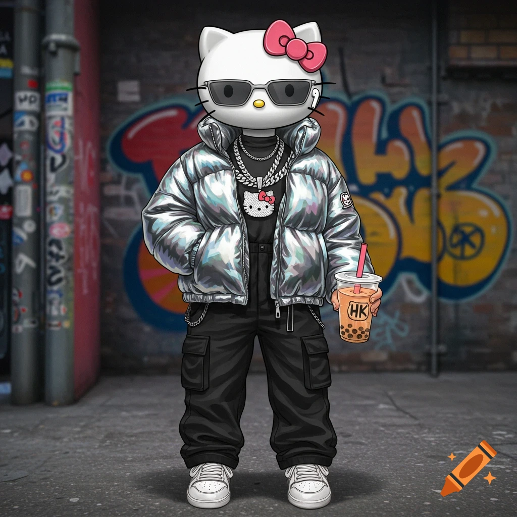 Cartoon character similar to Hello Kitty in chrome puffer jacket, cargo pants, sneakers, sunglasses, holding bubble tea near graffiti.