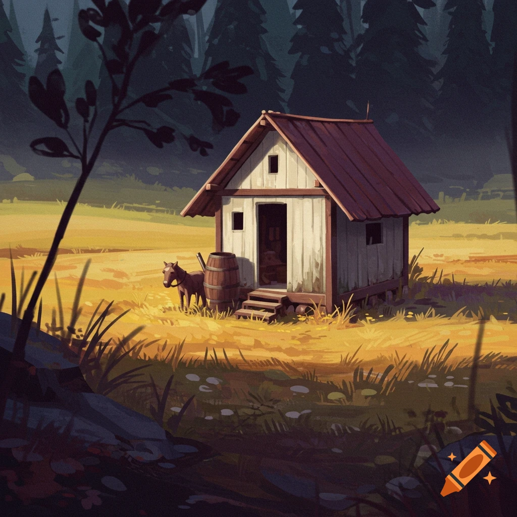 Wooden cabin and a small horse in a grassy field near a dark forest.