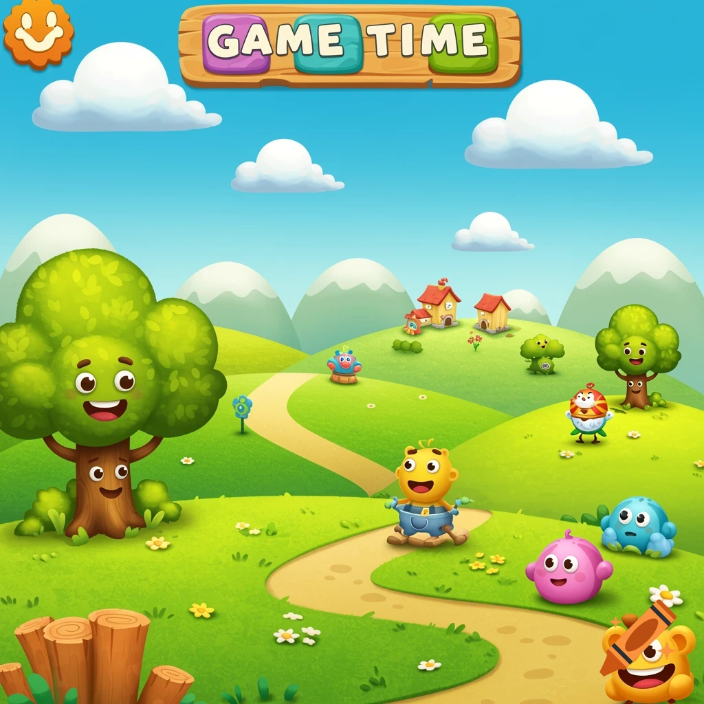 Vibrant cartoon landscape with smiling trees, characters, path, hills, and 'GAME TIME' sign.