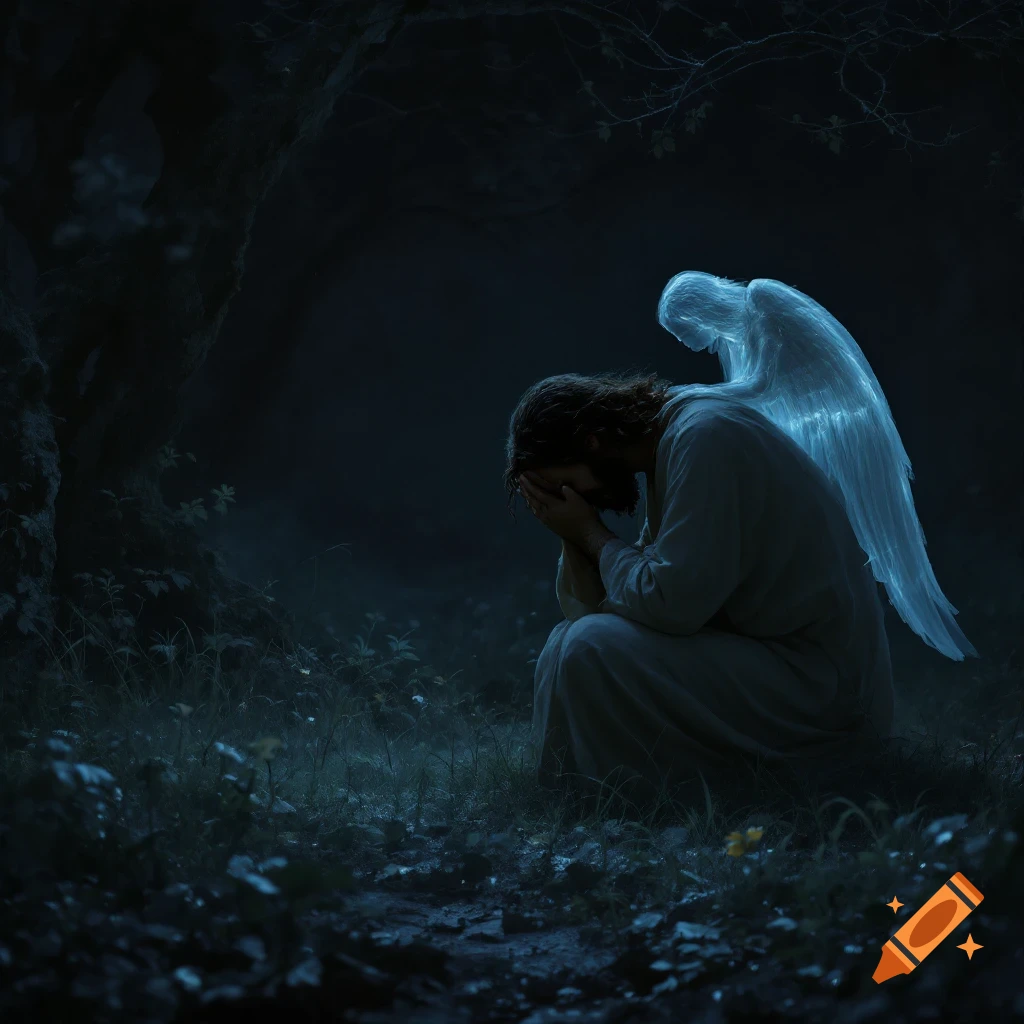 photorealistic image of a man kneeling with head in hands, comforted by a translucent angel in a dark garden