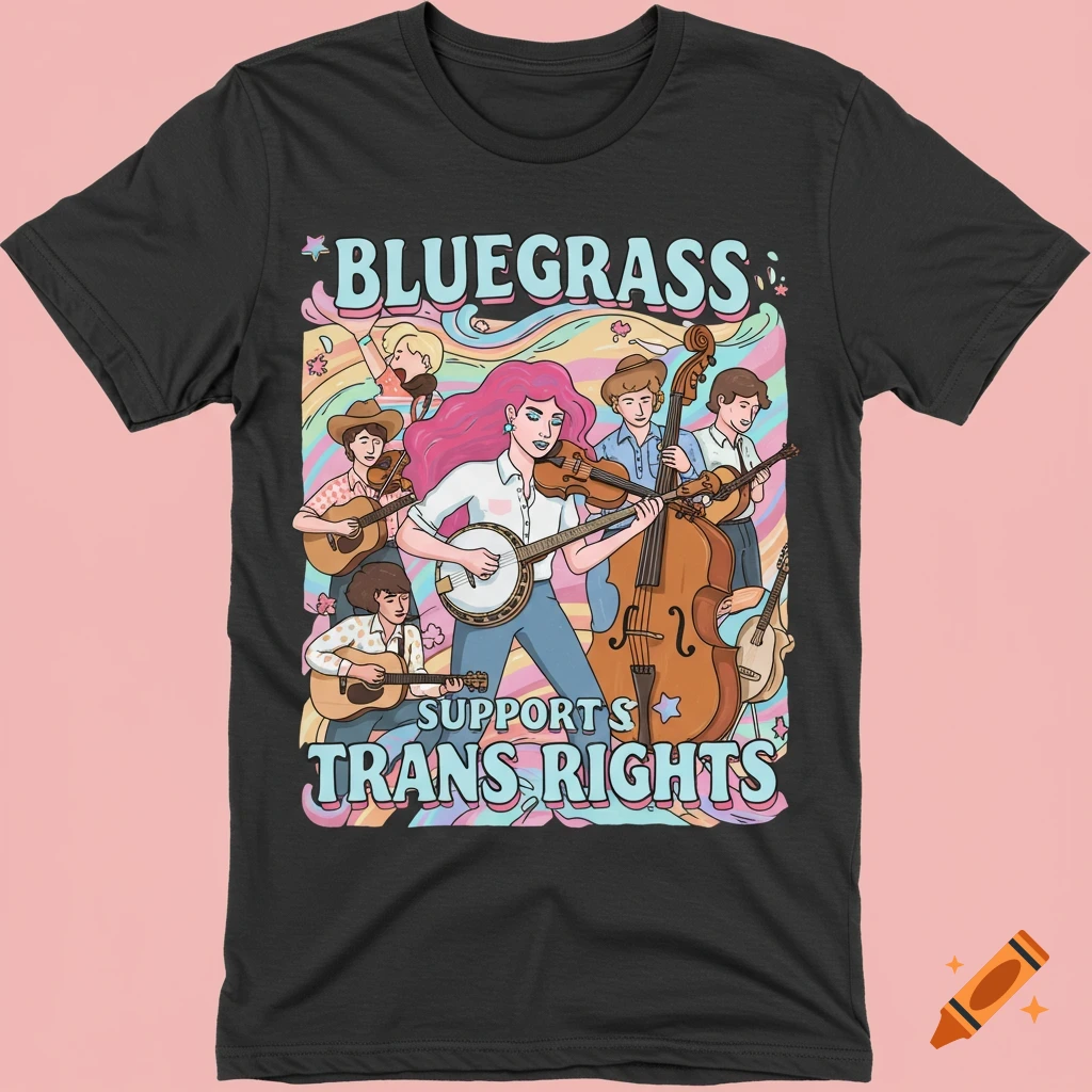 A group of cartoon people playing bluegrass instruments on a T-shirt, with the text "Bluegrass Supports Trans Rights".