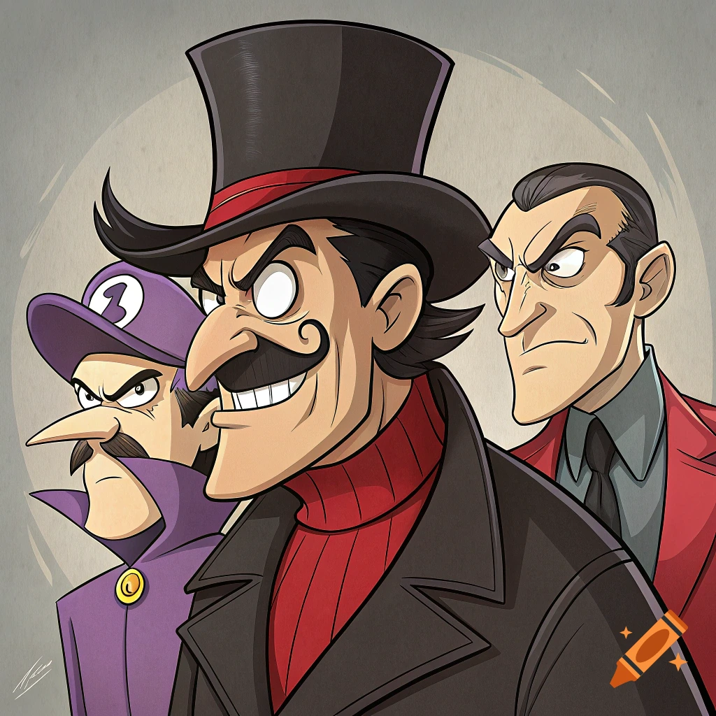 Cartoon illustration of three villainous characters: one in a purple cap, one with a top hat and mustache, and one in a suit.