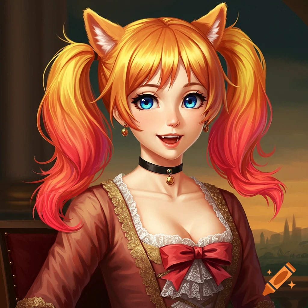 Anime portrait painting of a woman with orange pigtails, cat ears, and blue eyes wearing a historical dress.