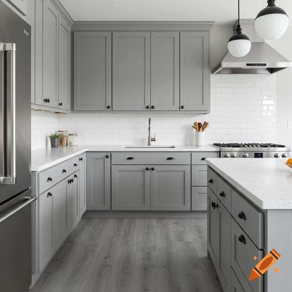 Modern kitchen with gray cabinets, white quartz counters, subway tile backsplash, and stainless steel appliances.