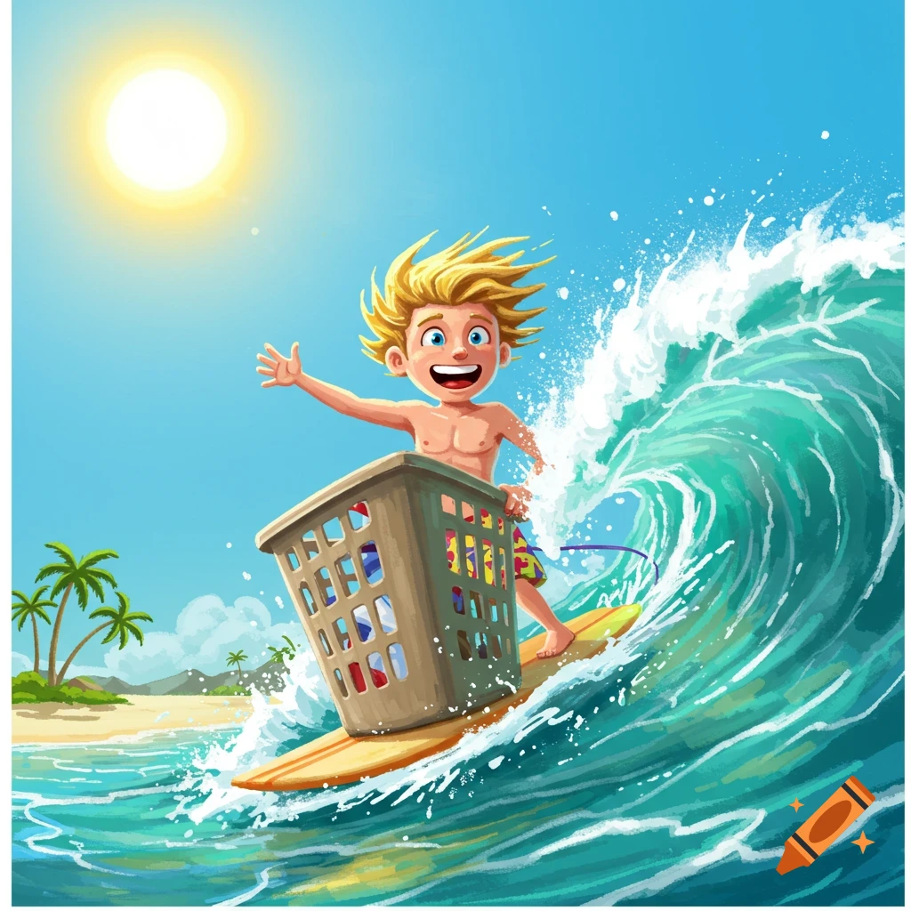 Cartoon illustration of a happy boy surfing a wave inside a laundry basket on a sunny beach day