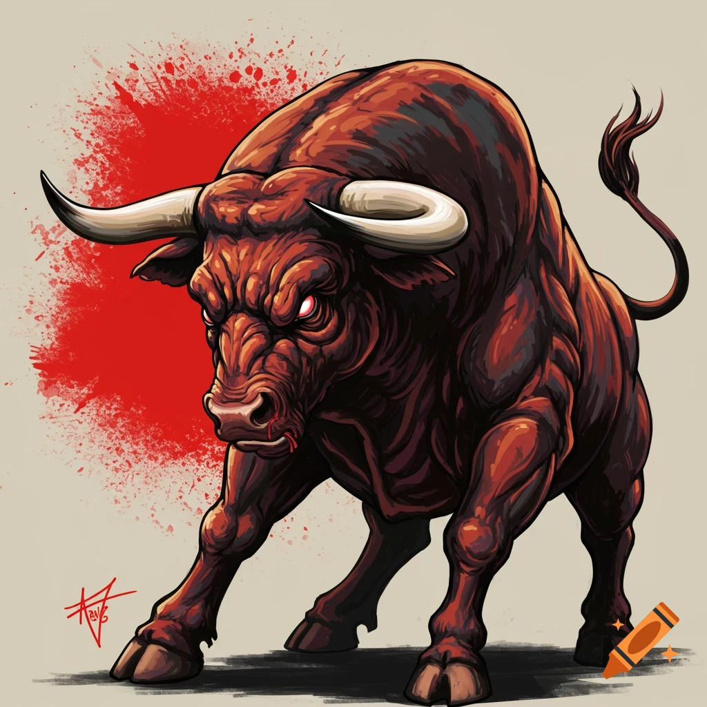 A muscular red-eyed bull charging with red paint splash background.