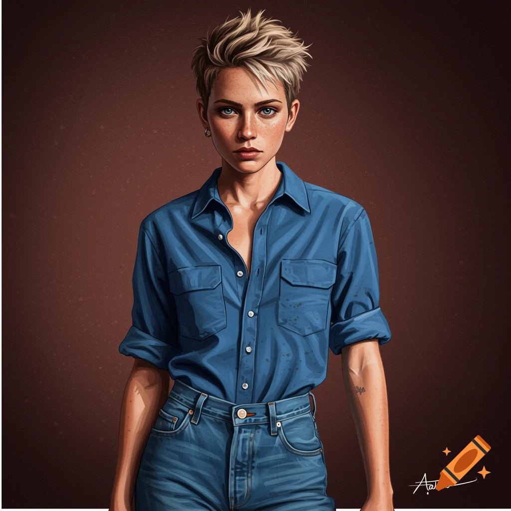 A woman with short blonde hair, blue shirt, and jeans.