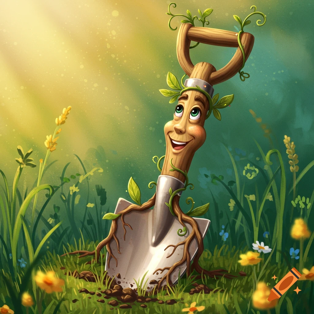 Cartoon shovel with a face, roots, and leaves in a sunny garden. Digital art.