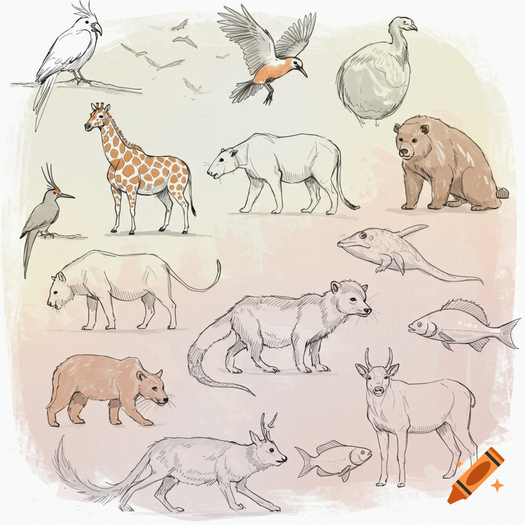 A collection of animal sketches including a giraffe, bears, birds, and fish.