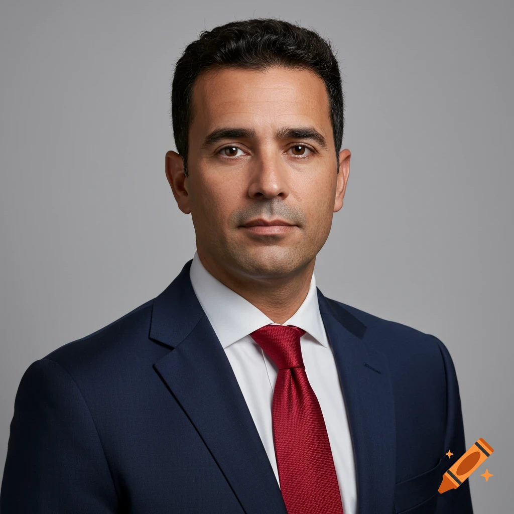 Photorealistic business headshot of a man in a navy suit and red tie.