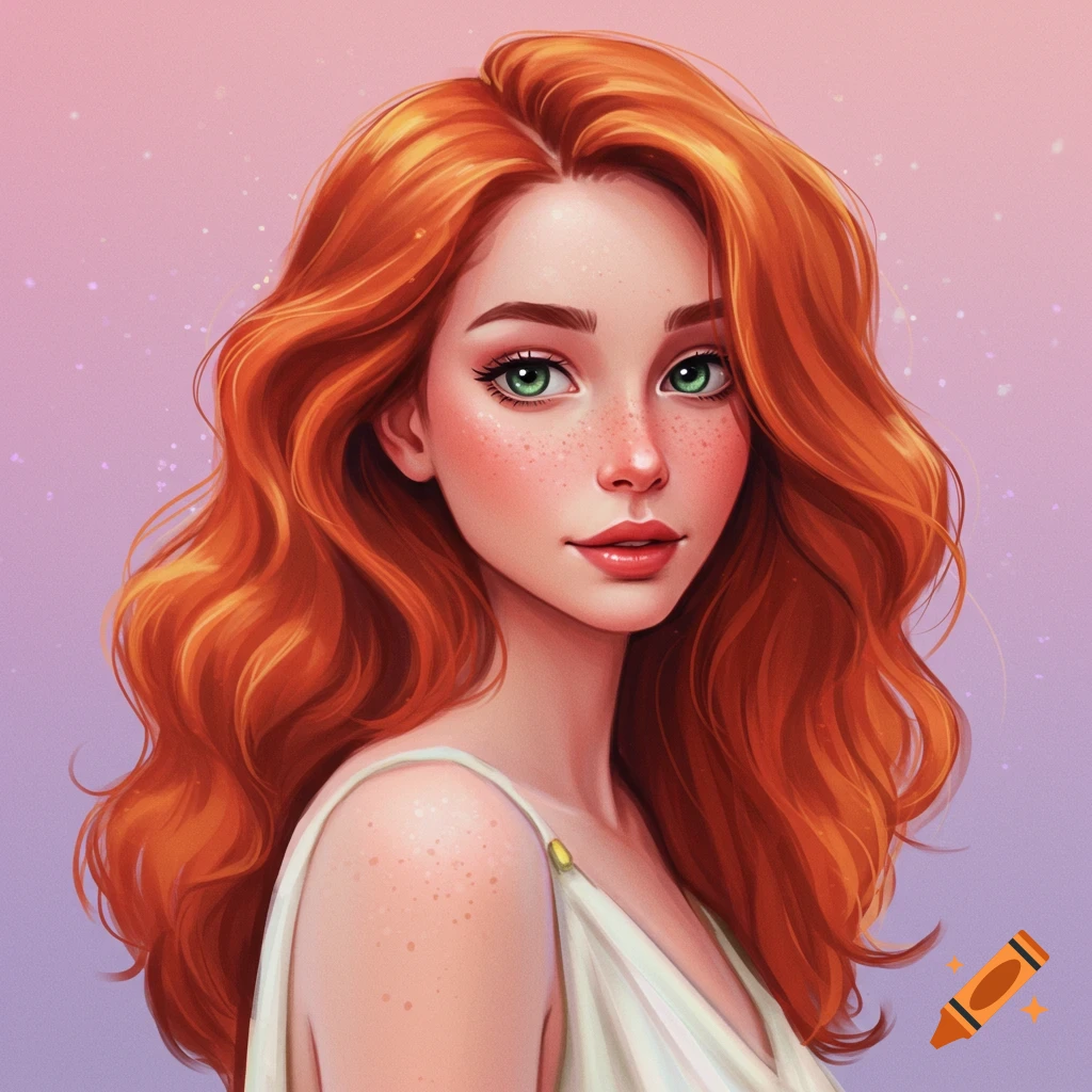 A woman with long red hair, green eyes, and freckles wears a white dress.