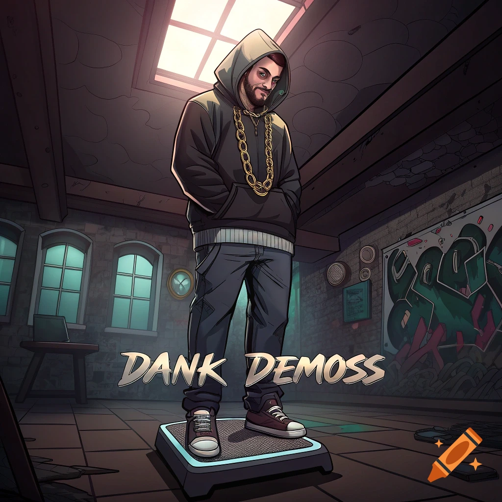 Illustration of a rapper in a hoodie and gold chain standing on a scale in a room with graffiti, with text 'DANK DEMOSS'