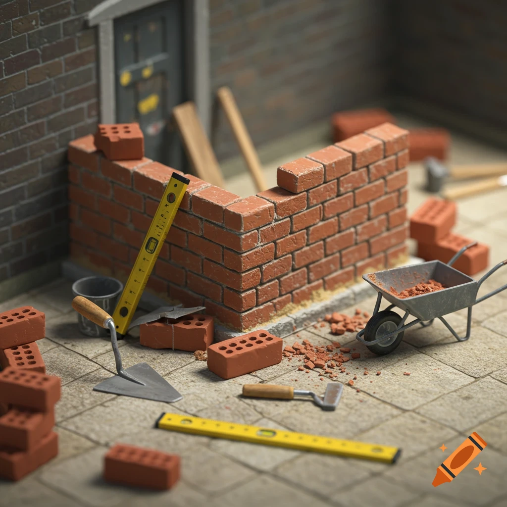 A miniature brick wall under construction with tools around it in a photorealistic style.