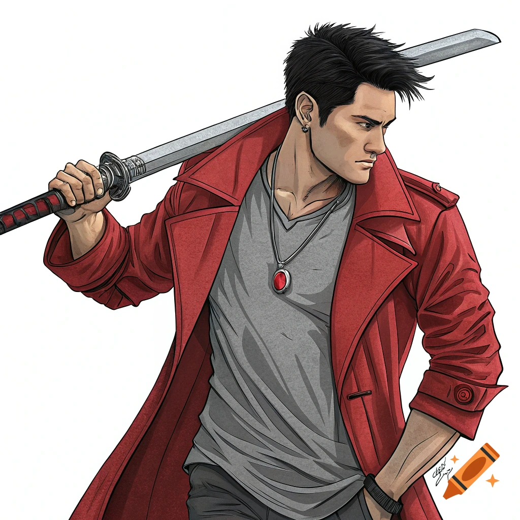Stylized illustration of a man in a red trench coat holding a sword over his shoulder.