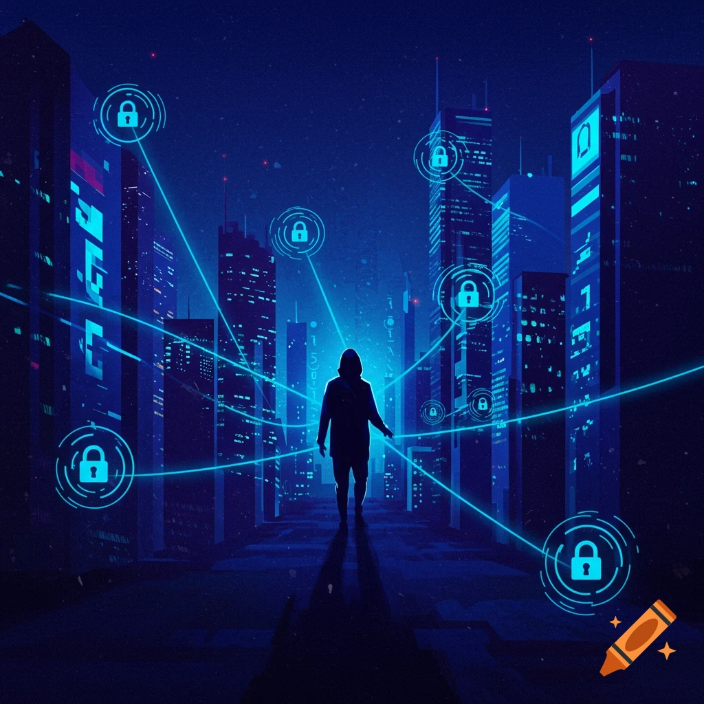 A hooded figure stands in a futuristic city where glowing lines connect locks, symbolizing cybersecurity.