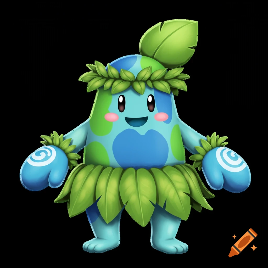 A friendly, round cartoon creature resembling planet Earth, wearing a leafy hat and skirt, with blue mitten hands.