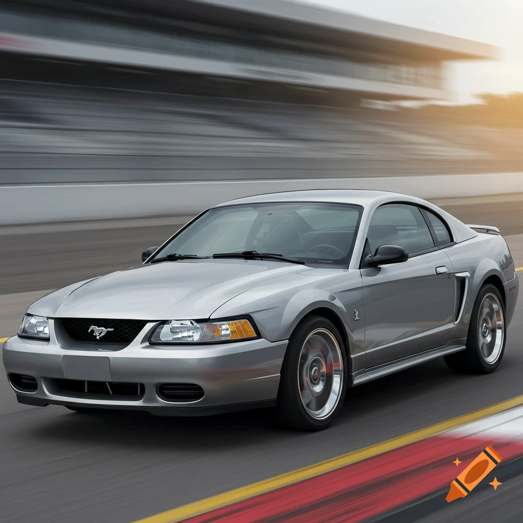 A silver Ford Mustang SVT 2001 racing on a track.