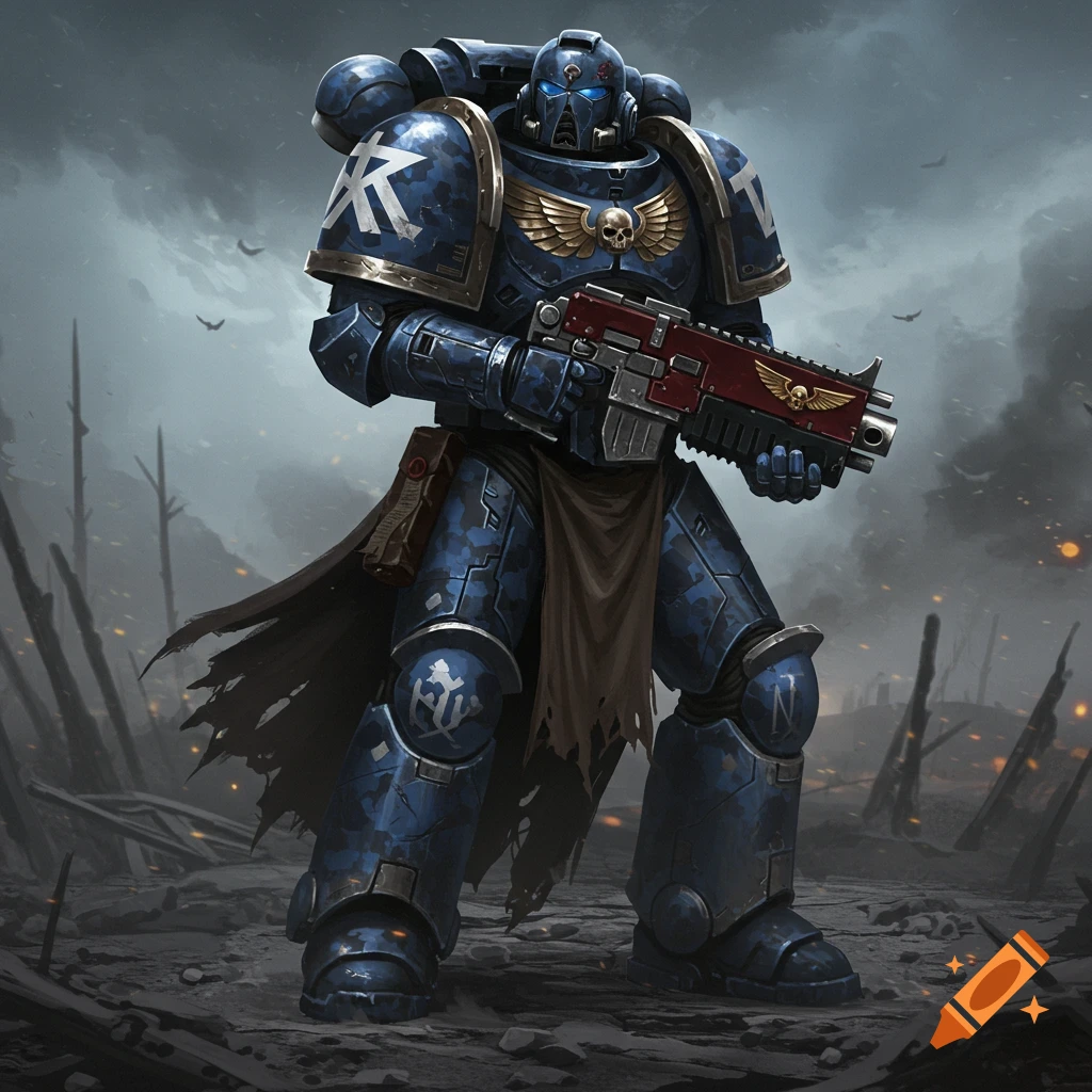A Space Marine in blue camo armor stands in a ruined battlefield, holding a bolter.