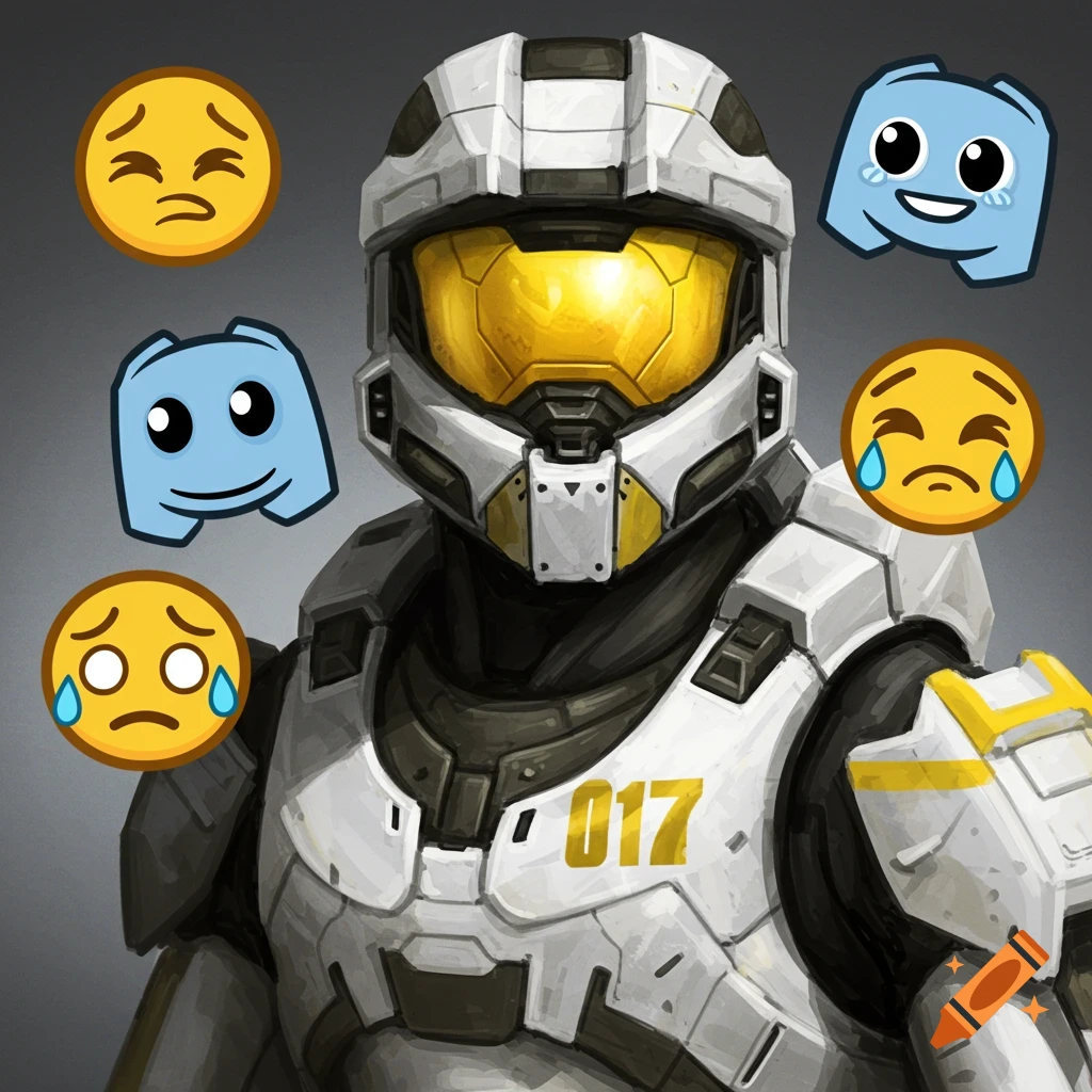A person in white and yellow Spartan armor is surrounded by various emojis.