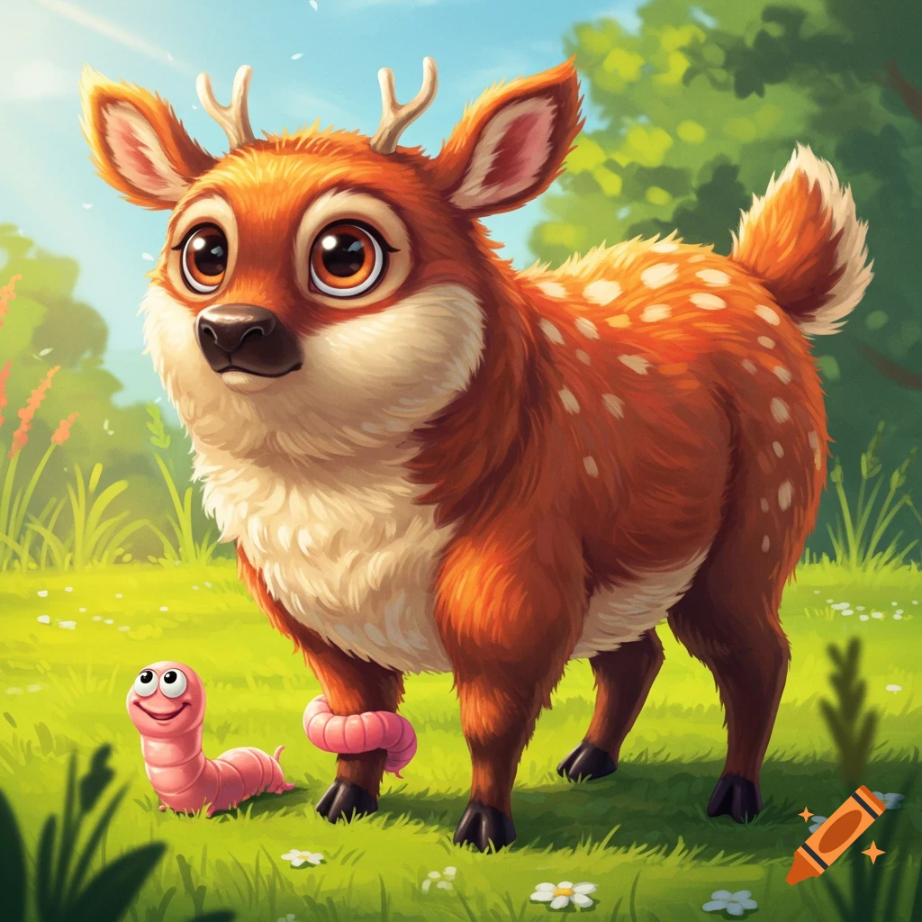 A cute, stylized deer with big eyes stands in a grassy field next to a smiling pink cartoon worm.