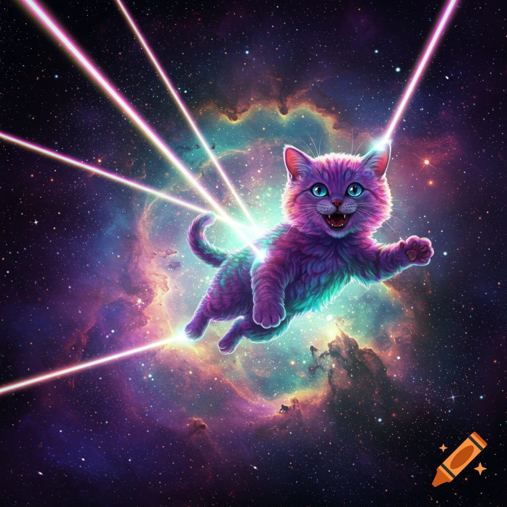 A vibrant, fluffy cat flies through space shooting pink lasers