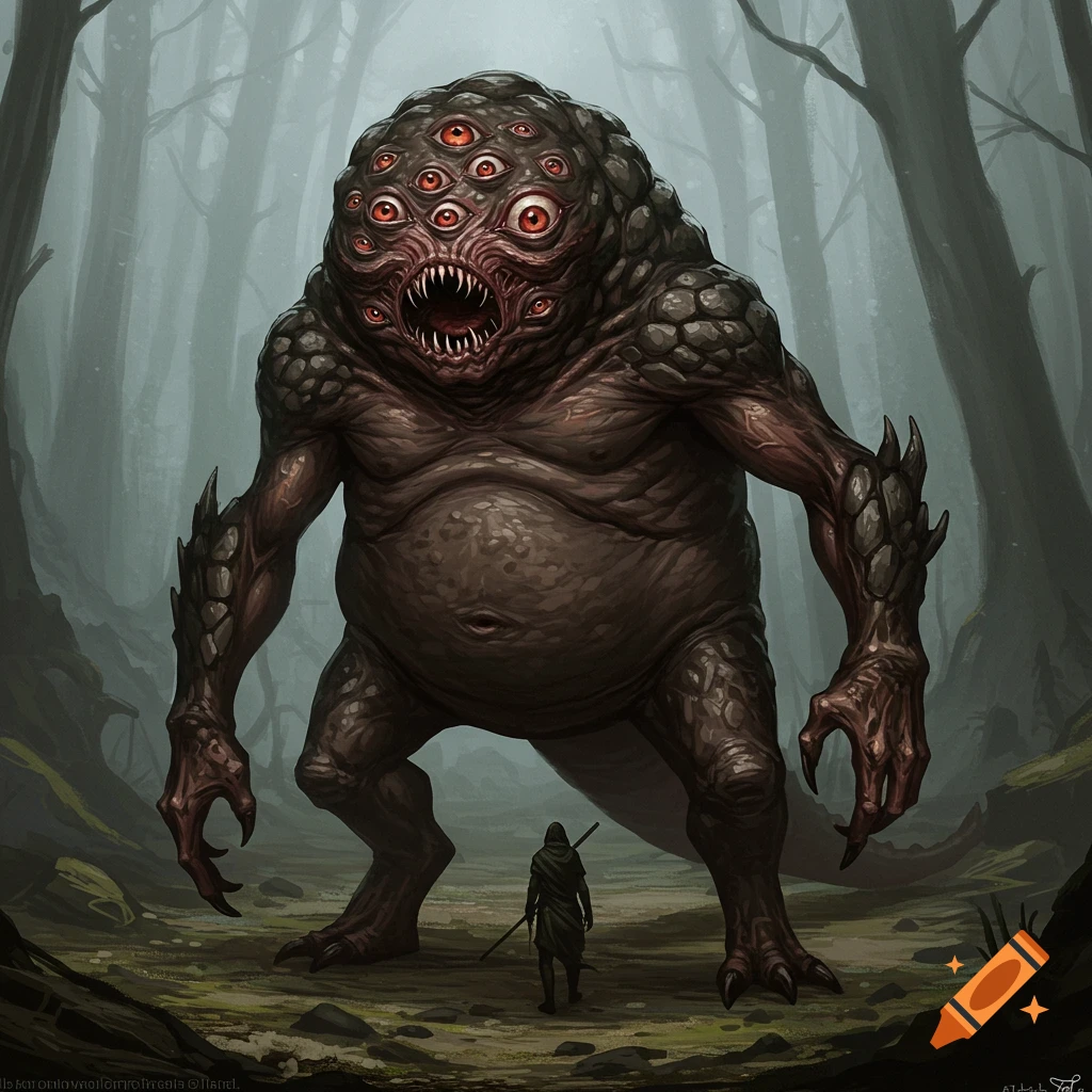 A large, multi-eyed monster stands in a misty forest with a small figure in the foreground.