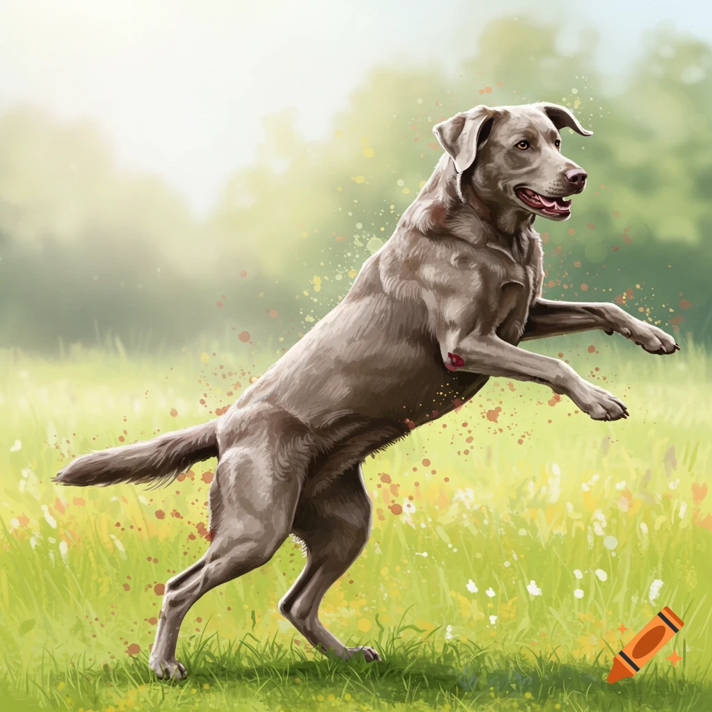 A silver Labrador dog jumping in a grassy field with paint splatters.