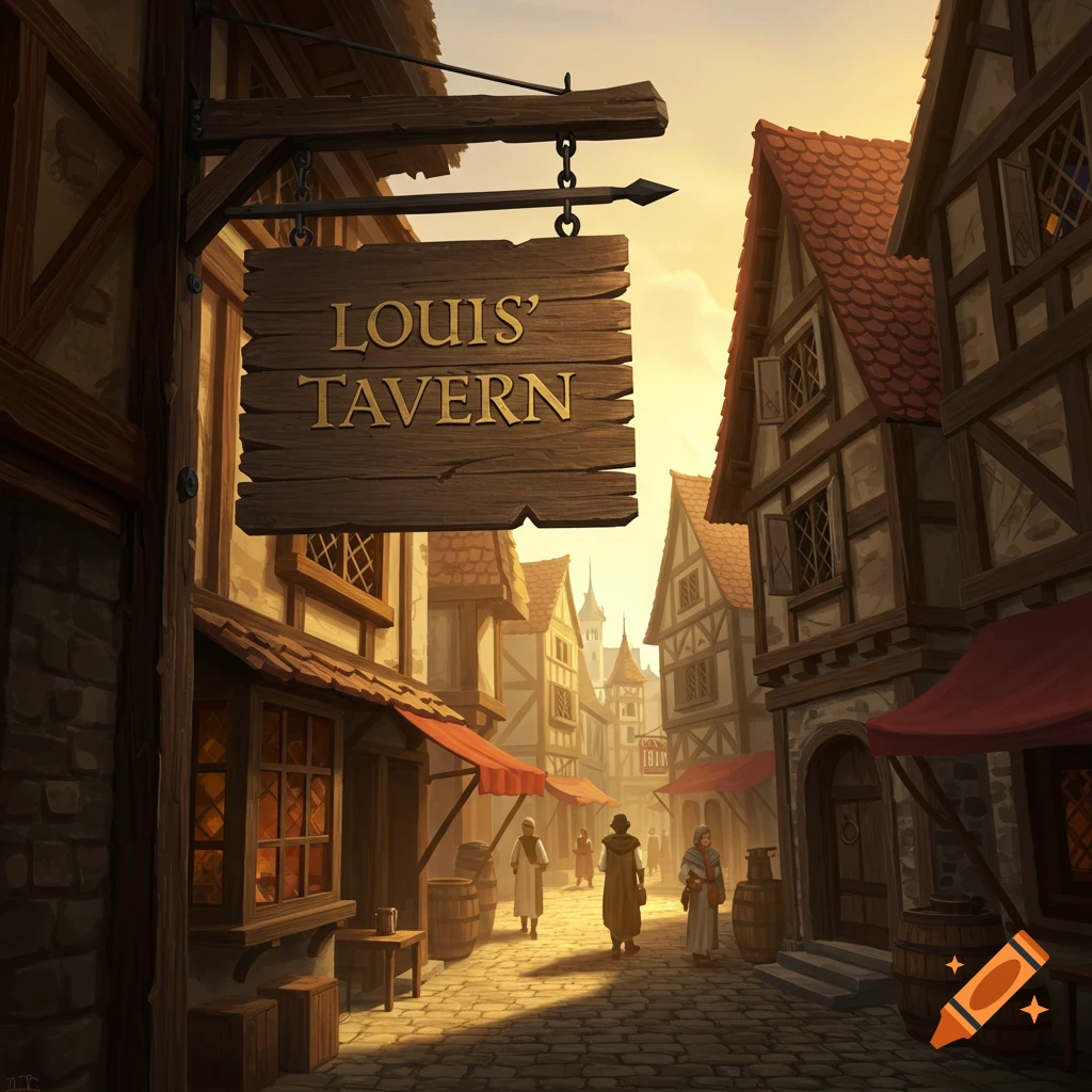 A wooden 'Louis' Tavern' sign hangs over a medieval street scene at sunset.