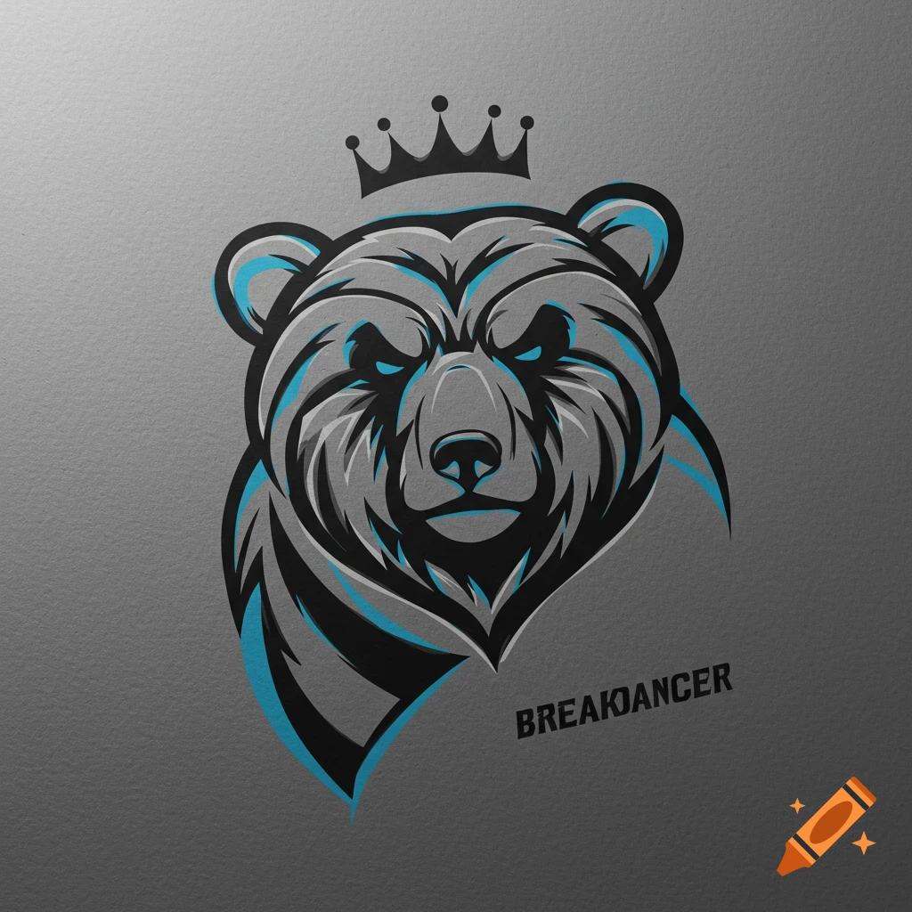 A modern logo featuring a stylized bear head wearing a crown, with the word BREAKDANCER.