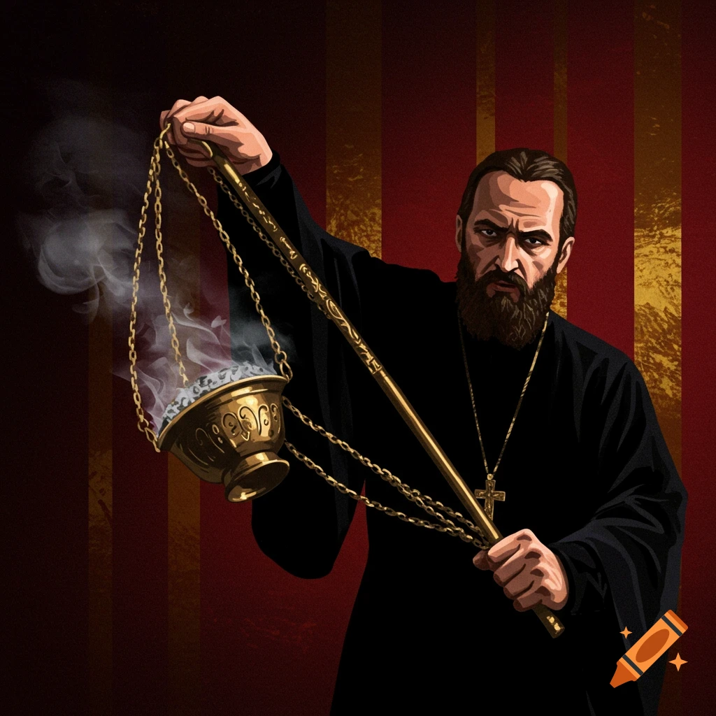An Orthodox priest is swinging a smoky censer against a red and gold background.