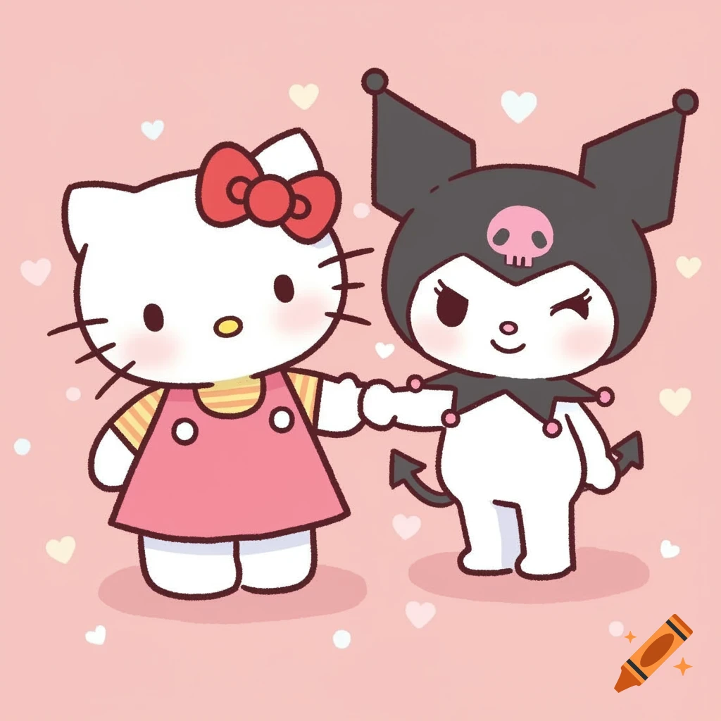 Cartoon illustration of Hello Kitty and Kuromi holding hands on a pink background with hearts.