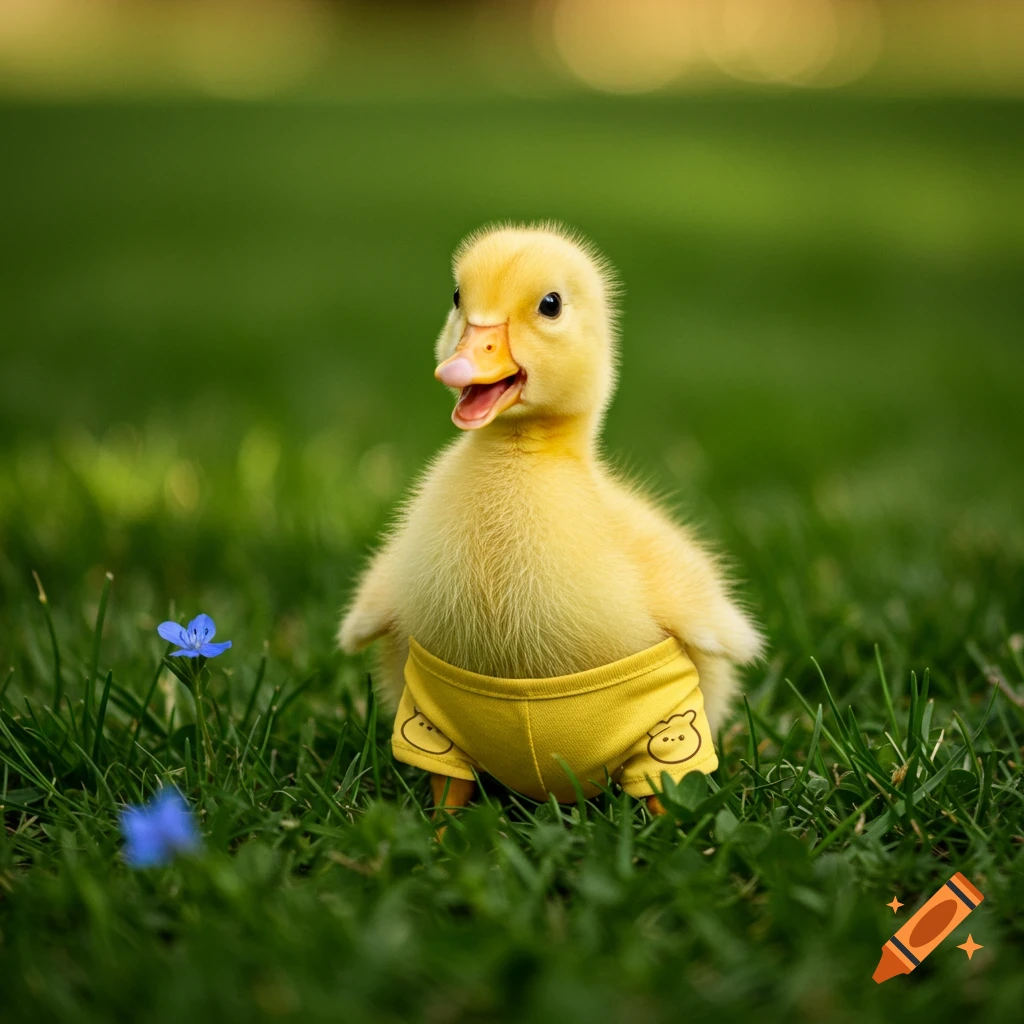 A fluffy yellow duckling stands in green grass wearing yellow shorts with bear faces.