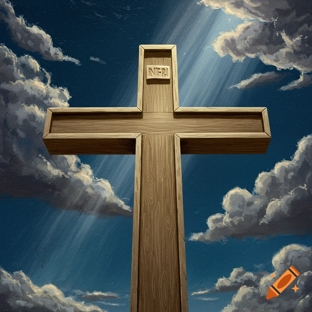 A large wooden cross is silhouetted against a bright blue sky, adorned with fluffy white clouds and dramatic rays of light.