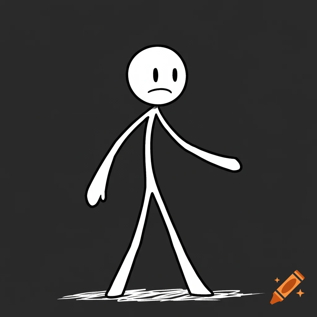 White stick figure with a sad face walks against a dark background.