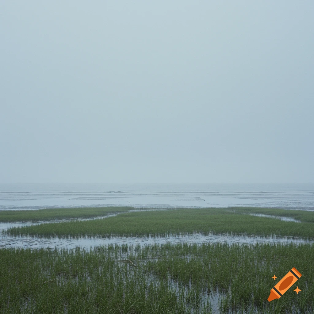 A foggy marsh landscape with green grass and water under a gray sky.