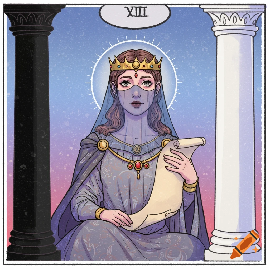 A crowned and veiled figure holding a scroll between two pillars, with the Roman numeral XIII above.