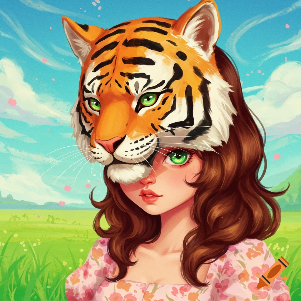 A young woman wearing a tiger mask in a field.