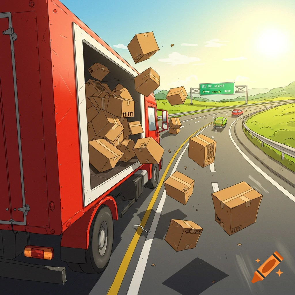 Red moving truck spills boxes onto a highway.
