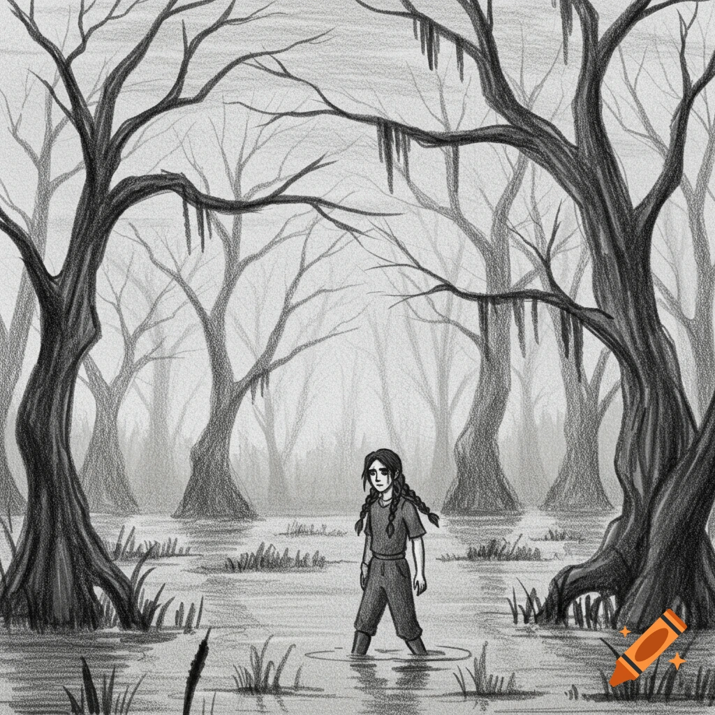 Pencil drawing of a lone person standing in a swamp among eerie trees and fog.